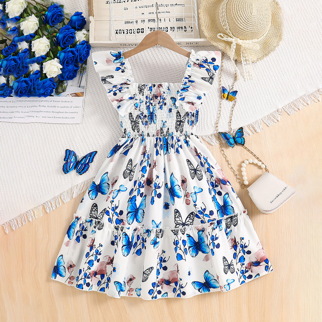 Girls Multicolor Butterfly Printed Sleeveless Square Neck Fit & Flare Dress Casual Dresses Multicolor 3-4 Y