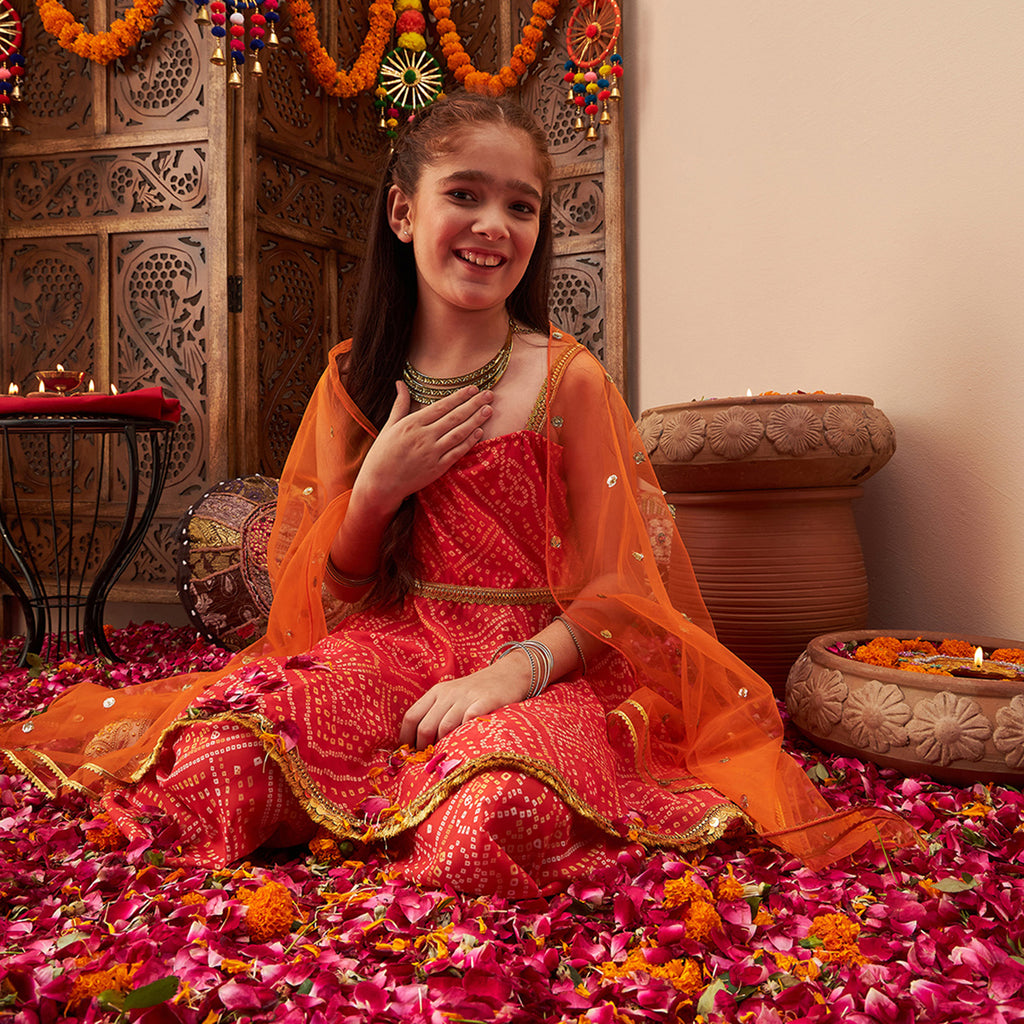 Girls Orange Bandhani Printed A-Line Kurta With Sharara And Dupatta Set Ethnicwear Girls