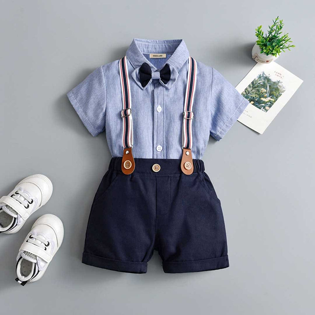 Boys Short Sleeves Shirt With Suspender Shorts Set Sets Blue 2-3 Y 
