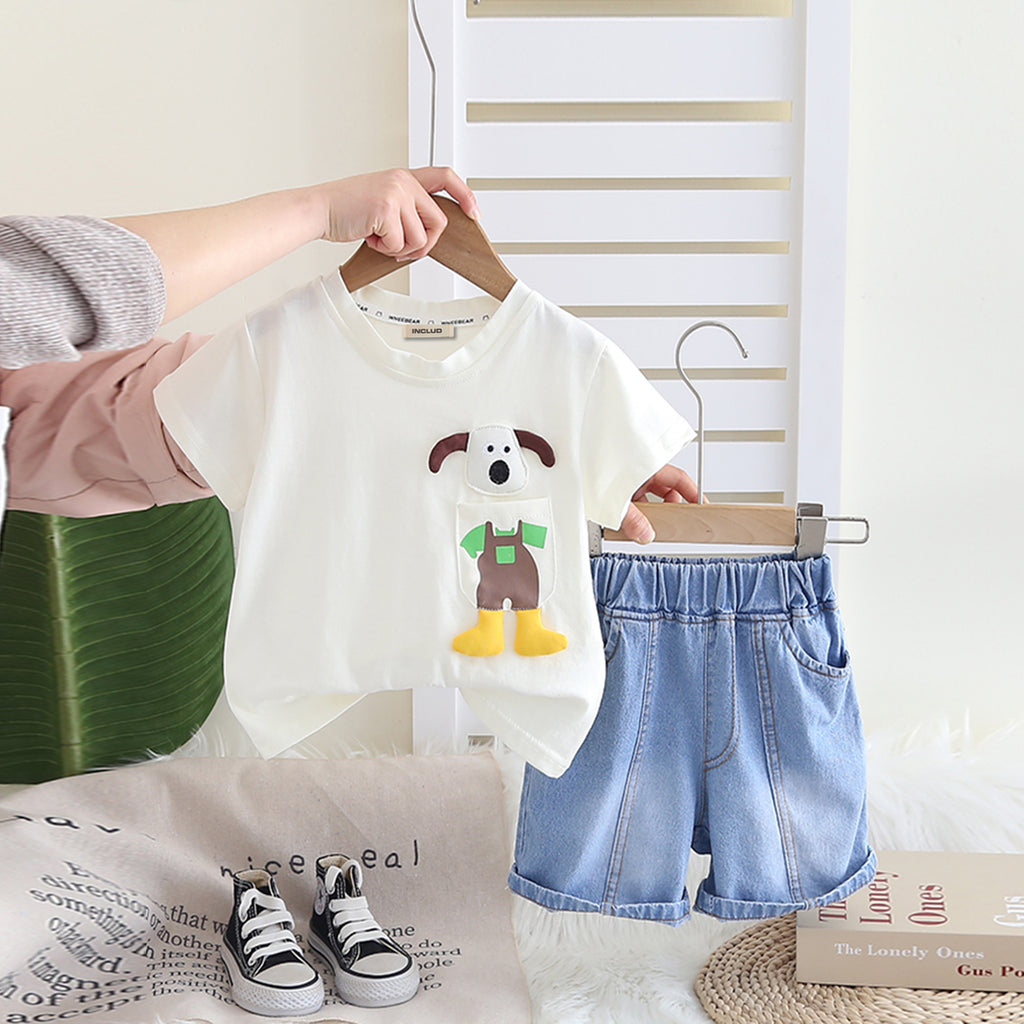 Boys Off White Embroidery Applique T-Shirt With Denim Shorts Set 2 pc. Sets Off White 1-2 Y