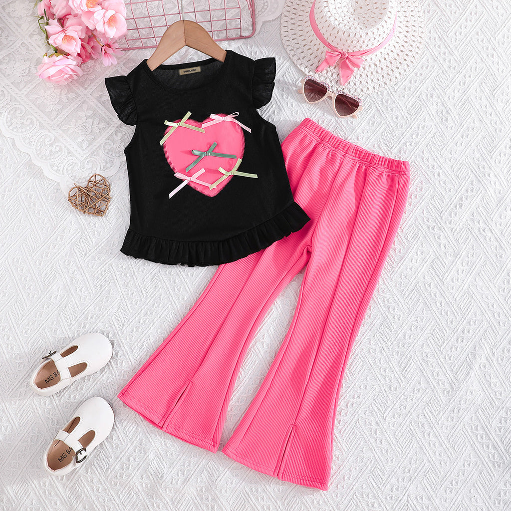 Girls Pink Heart Printed Summer Top With Flared Pants Set 2 pc. Sets Pink 3-4 Y