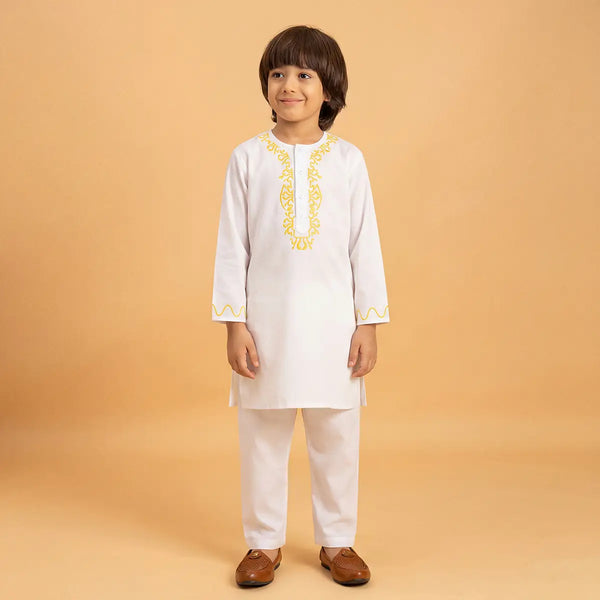 Boys White Embroidered Kurta With Pajama Sets Ethnicwear Boys White 2-3 Y