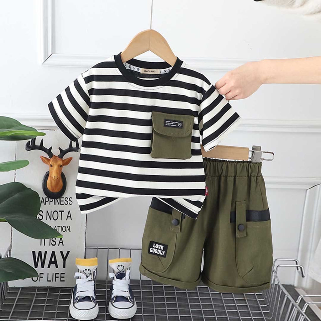 Boys Striped Flap Pocket T-Shirt With Shorts Set 2 pc. Sets Olive 1-2 Y 