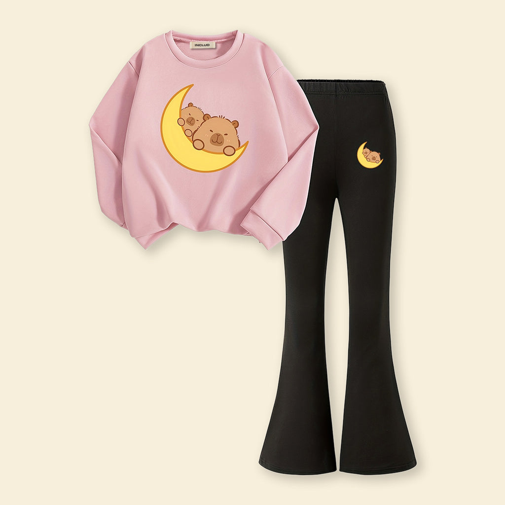 Girls Light Pink Moon Graphics Sweatshirt With Flared Pants Sets 2 pc. Sets Light Pink 7-8 Y