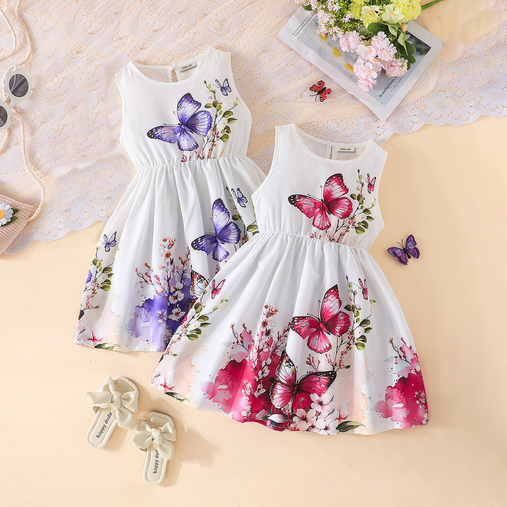 Girls Pink And Purple Butterfly Printed Sleeveless Casual Dress ( Pack Of 2 ) Casual Dresses Multicolor 3-4 Y