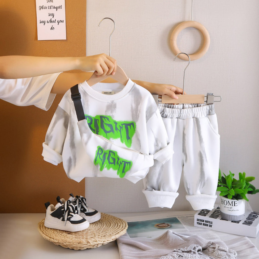 Boys White Right Printed Sweatshirt With Sling Bag and Pants Set Sets White 1-2 Y