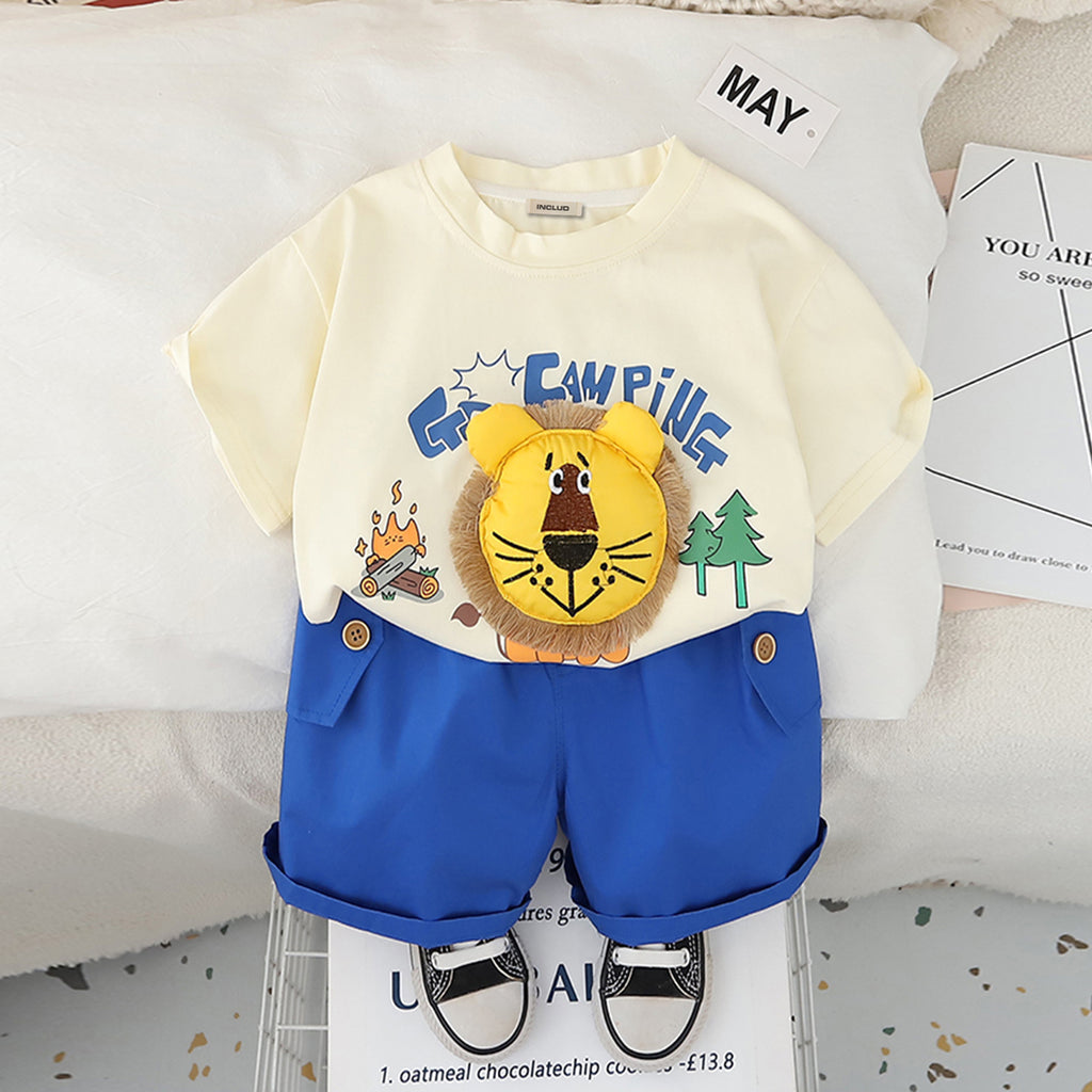 Boys 3D Lion Appliqued T-Shirt With Blue Shorts Set 2 pc. Sets Blue 1-2 Y