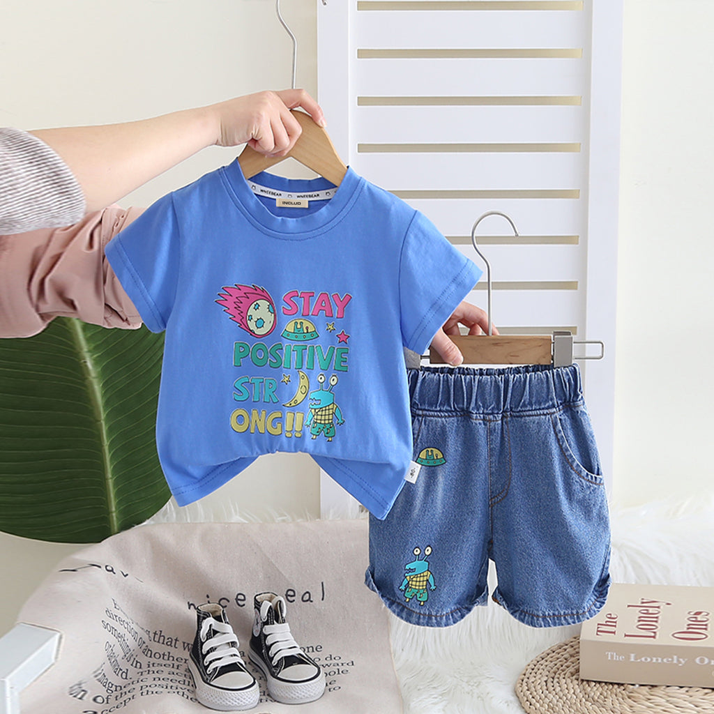Boys Blue Typographic Printed T-Shirt With Denim Shorts Set 2 pc. Sets Blue 1-2 Y