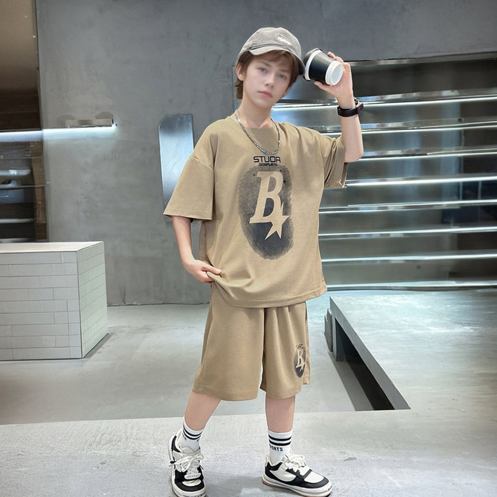 Boys Khaki Star Printed Summer Oversized T-Shirt With Shorts Set 2 pc. Sets Khaki 5-6 Y