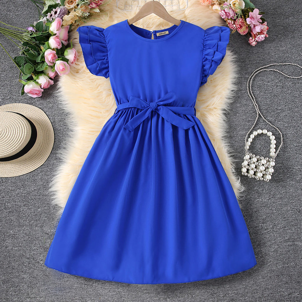 Girls Royal Blue Flutter Sleeves Casual Dress Casual Dresses Blue 8-9 Y