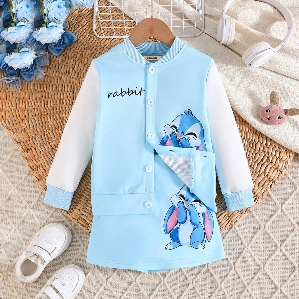 Girls Light Blue Rabbit Cartoon Printed Varsity Jacket With Skirt Sets Sets Light Blue 3-4 Y