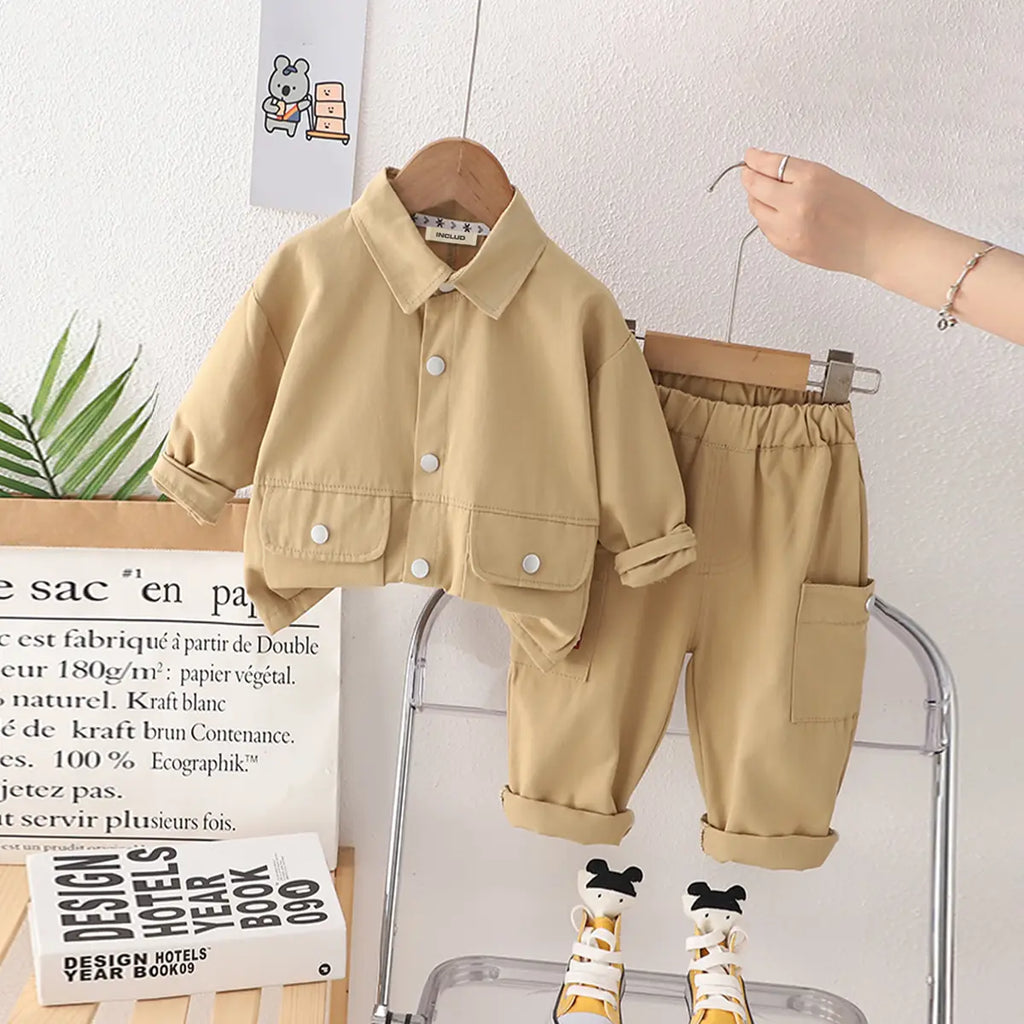Boys Khaki Solid Shacket With Cargo Pants Co-ord Sets Sets Khaki 1-2 Y