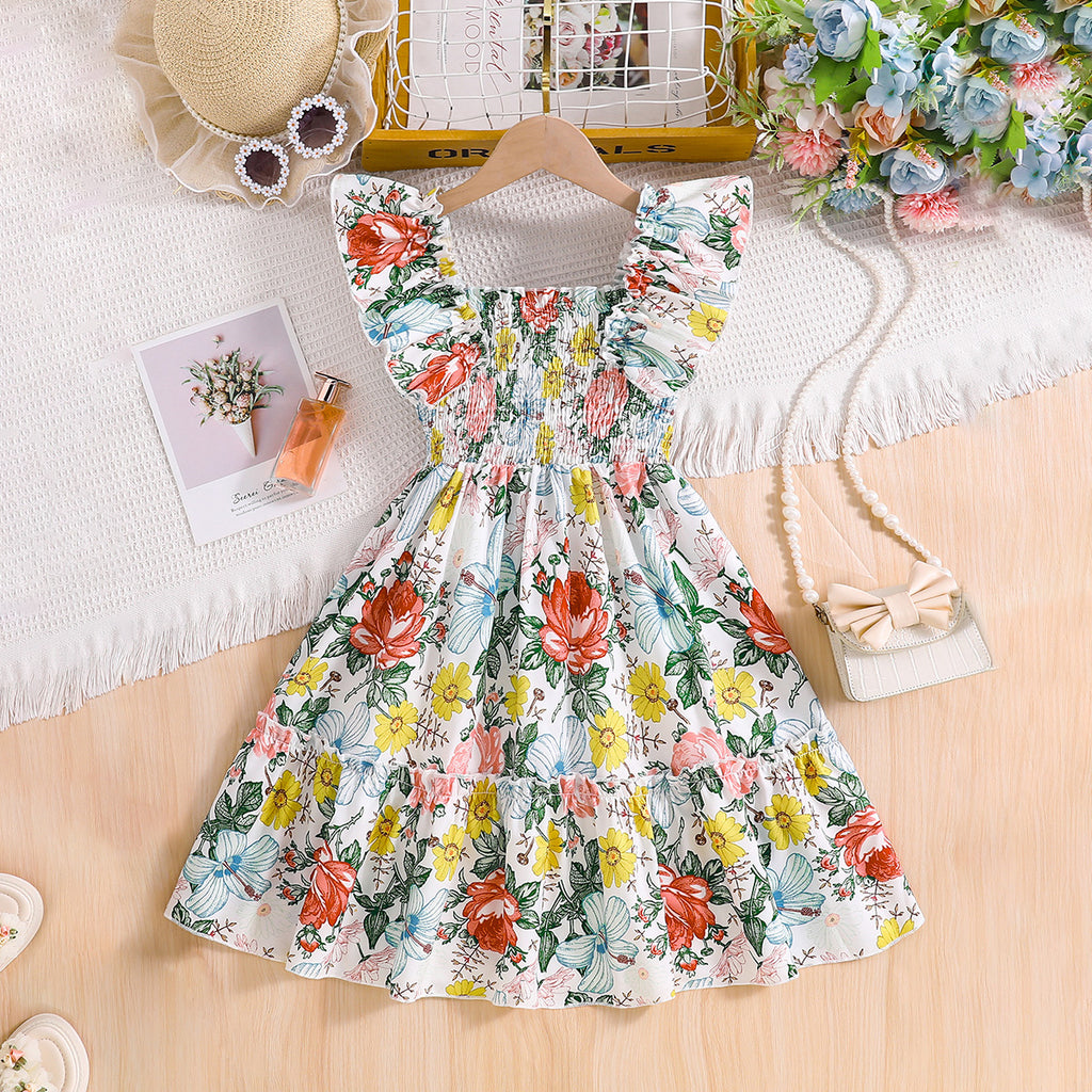 Girls Multicolor Floral Printed Sleeveless Square Neck Fit & Flare Dress Casual Dresses