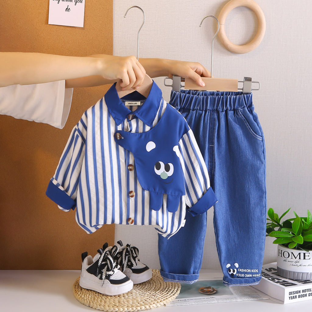Boys Blue Stripes Shirt With Denim Pants Set 2 pc. Sets Blue 1-2 Y