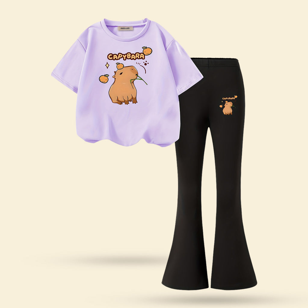 Girls Purple Cartoon Graphic Short Sleeve Top With Bell Bottom Pants Set 2 pc. Sets Purple 7-8 Y