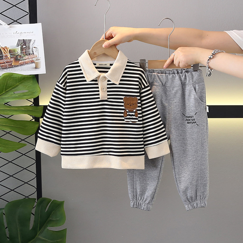 Boys Black Stripes Polo Sweatshirt With Joggers Set 2 pc. Sets Black 1-2 Y