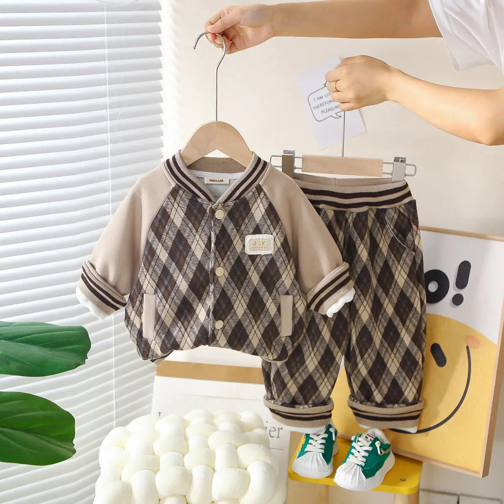 Boys Khaki Checked Regular Sweatshirt With Trouser Sets 2 pc. Sets Khaki 1-2 Y