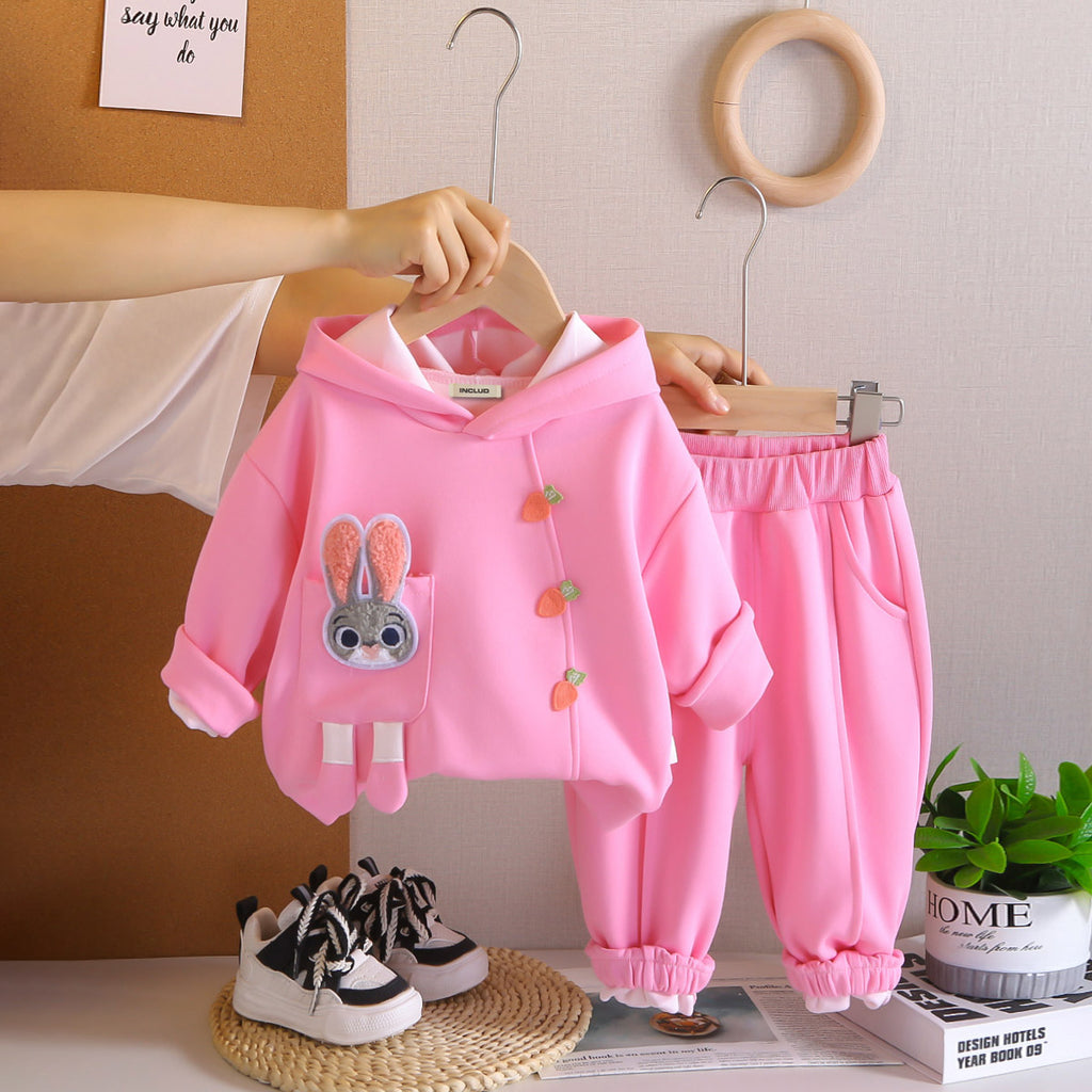 Girls Pink Solid Rabbit Applique Hooded Sweatshirt With joggers Set 2 pc. Sets Pink 1-2 Y