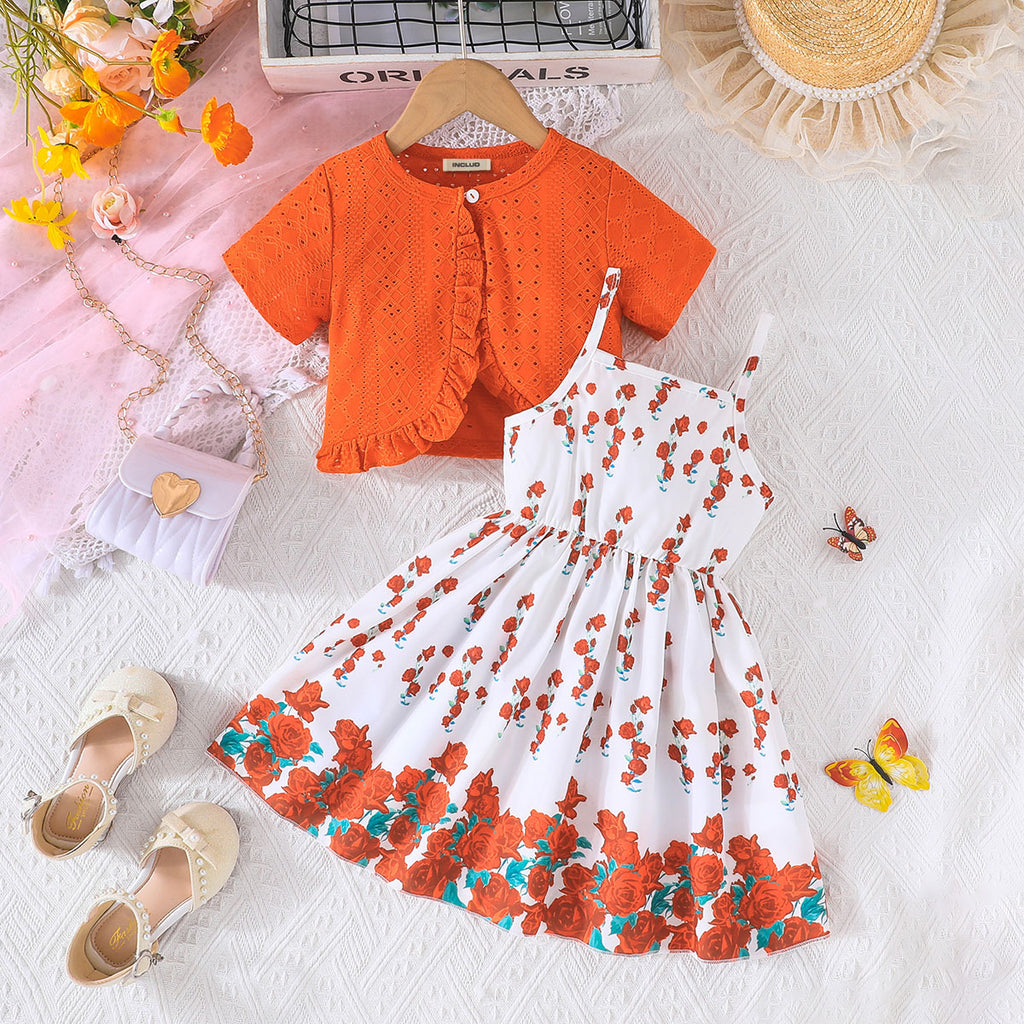 Girls Orange Floral Printed Dress With Short Sleeves Embroidered Shrug Casual Dresses Orange 2-3 Y