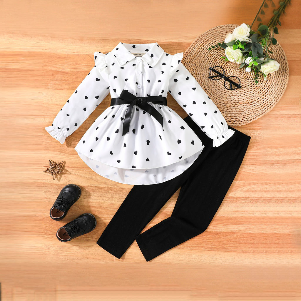 Girls White Heart Printed High-Low Long Sleeves Shirt With Pants Set 2 pc. Sets White 3-4 Y