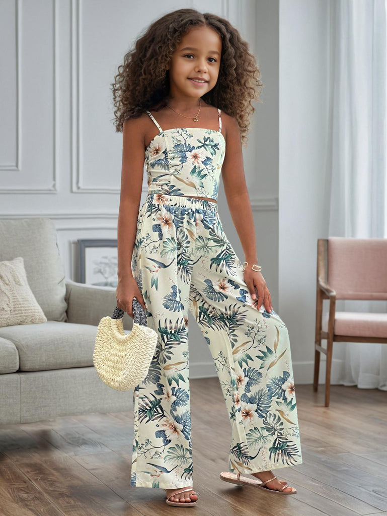 Girls Apricot Tropical Printed Crop Top With Pants Set 2 pc. Sets Apricot 7-8 Y