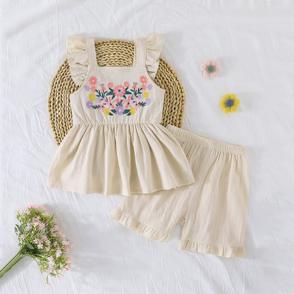 Girls Apricot Embroidered Top With Bottom Ruffled Shorts Set 2 pc. Sets Apricot 3-4 Y