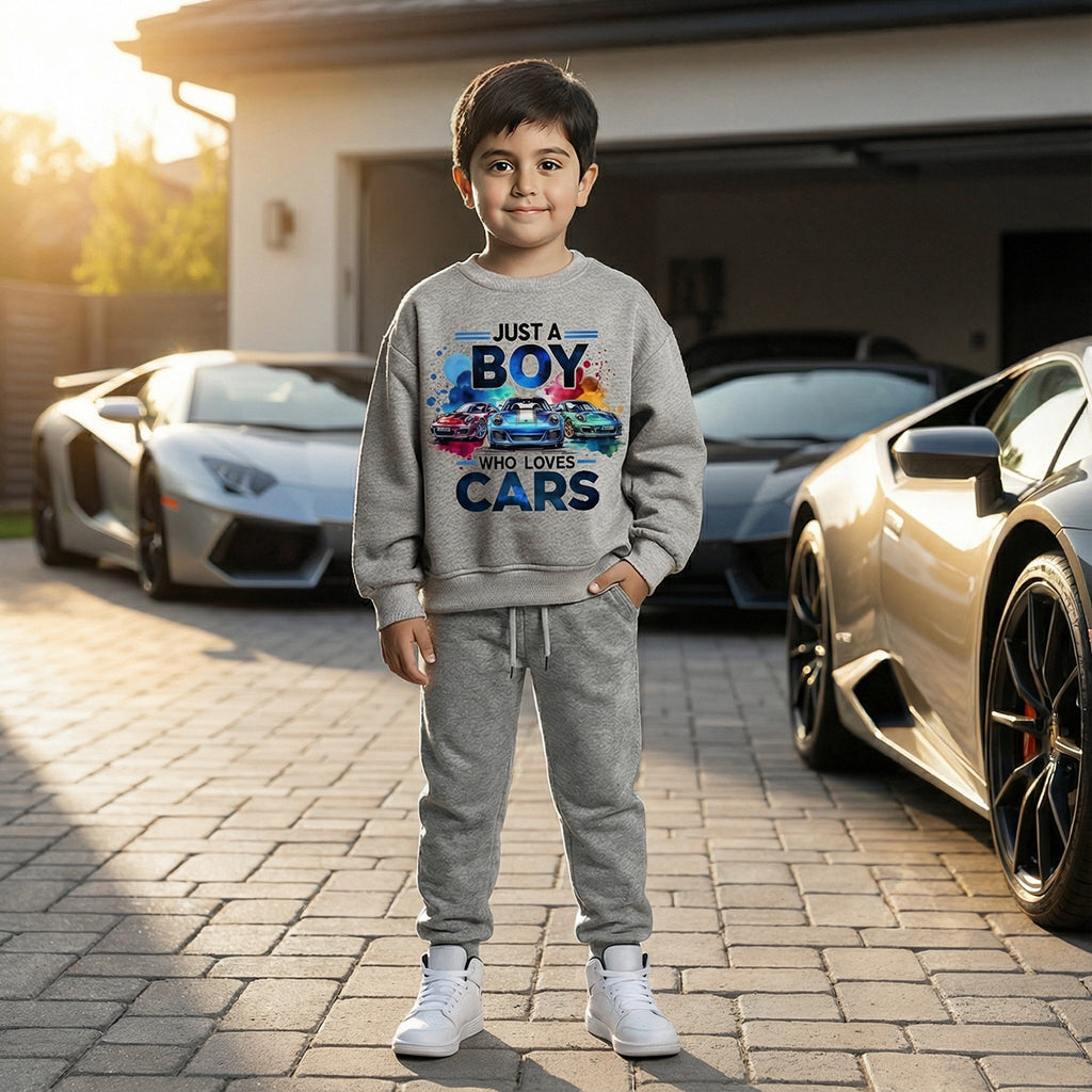 Boys Grey Car Graphics Fleece Sweatshirt With Joggers Sets 2 pc. Sets Grey 1-2 Y