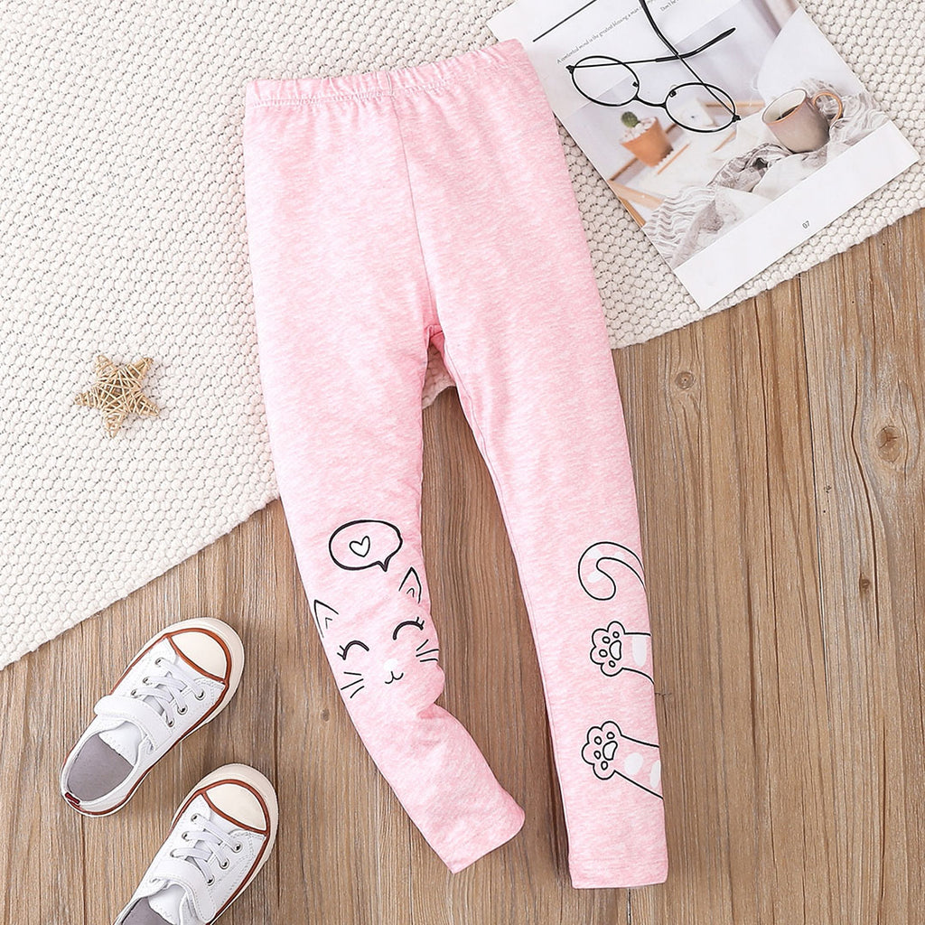 Girls Pink Melange Cat Print Leggings Leggings & Tights