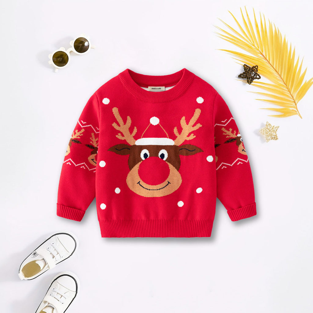 Boys Red Self-Design Christmas Reindeer Sweater Sweaters & Cardigans Red 2-3 Y