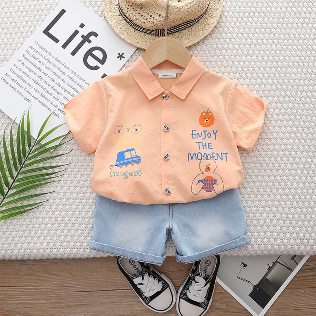 Boys Graphic Print Shirt With Denim Shorts Set 2 pc. Sets Orange 1-2 Y 