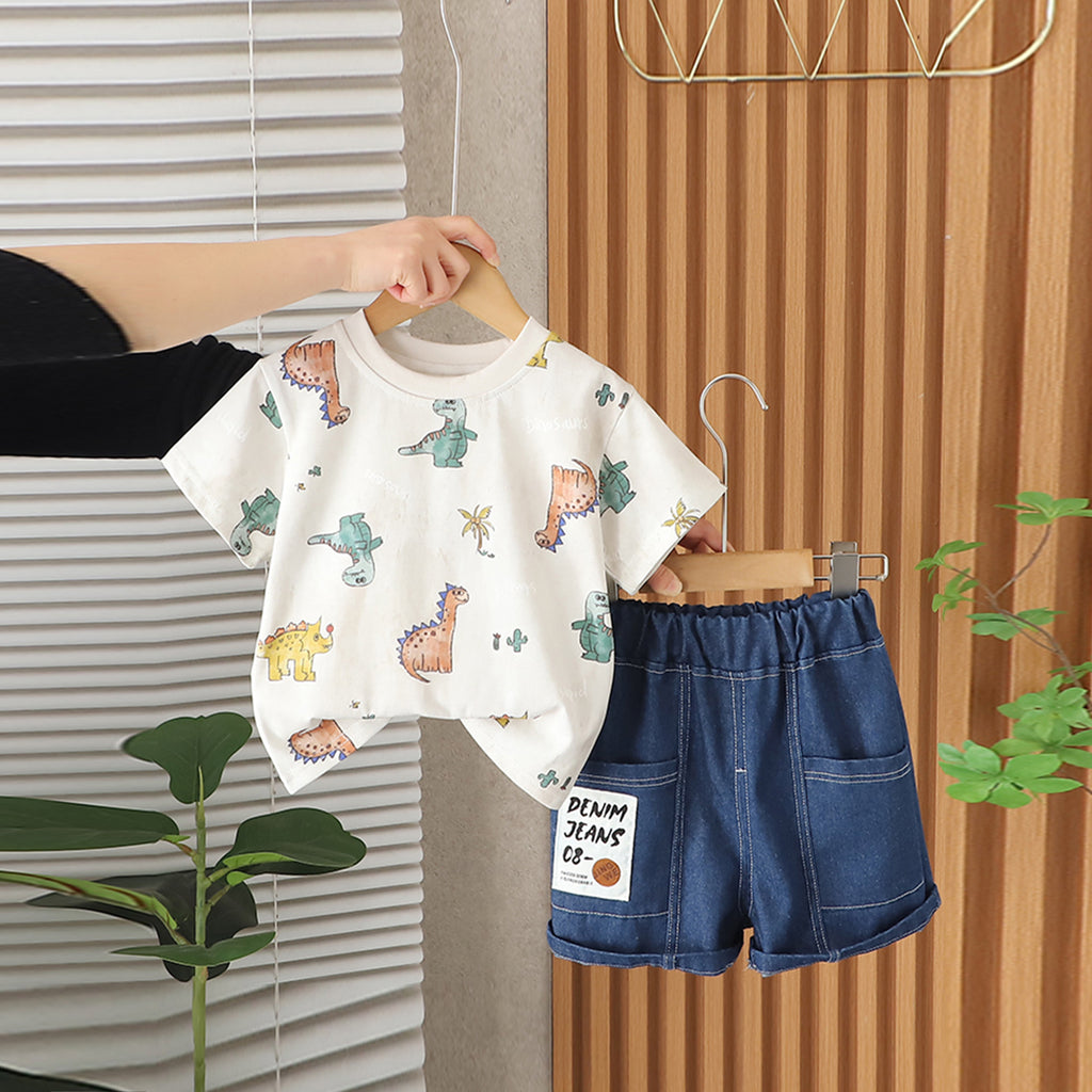 Boys White Dinosaur Printed Short Sleeves T-Shirt With Denim Shorts Set 2 pc. Sets White 1-2 Y