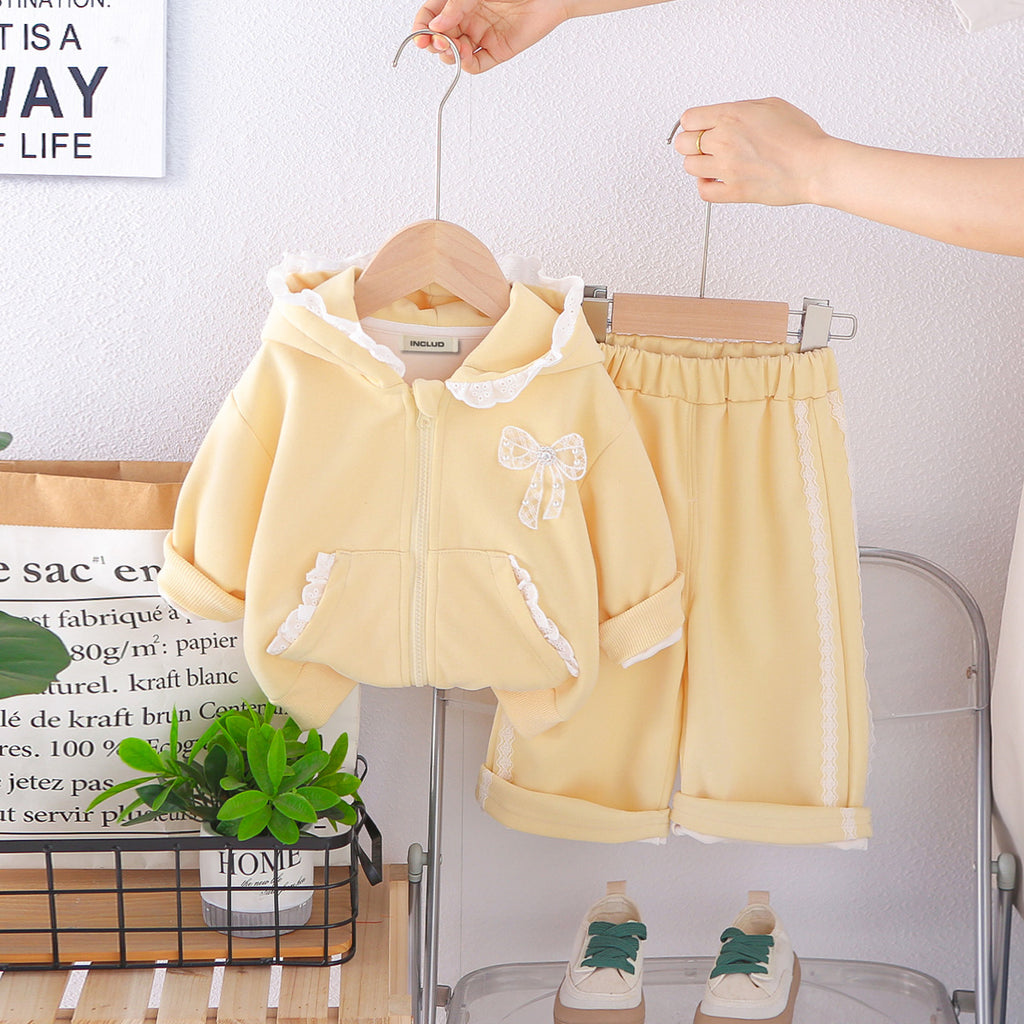 Girls Lime Yellow Solid Hooded Sweatshirt With Pants Co-ord Set 2 pc. Sets Lime Yellow 1-2 Y