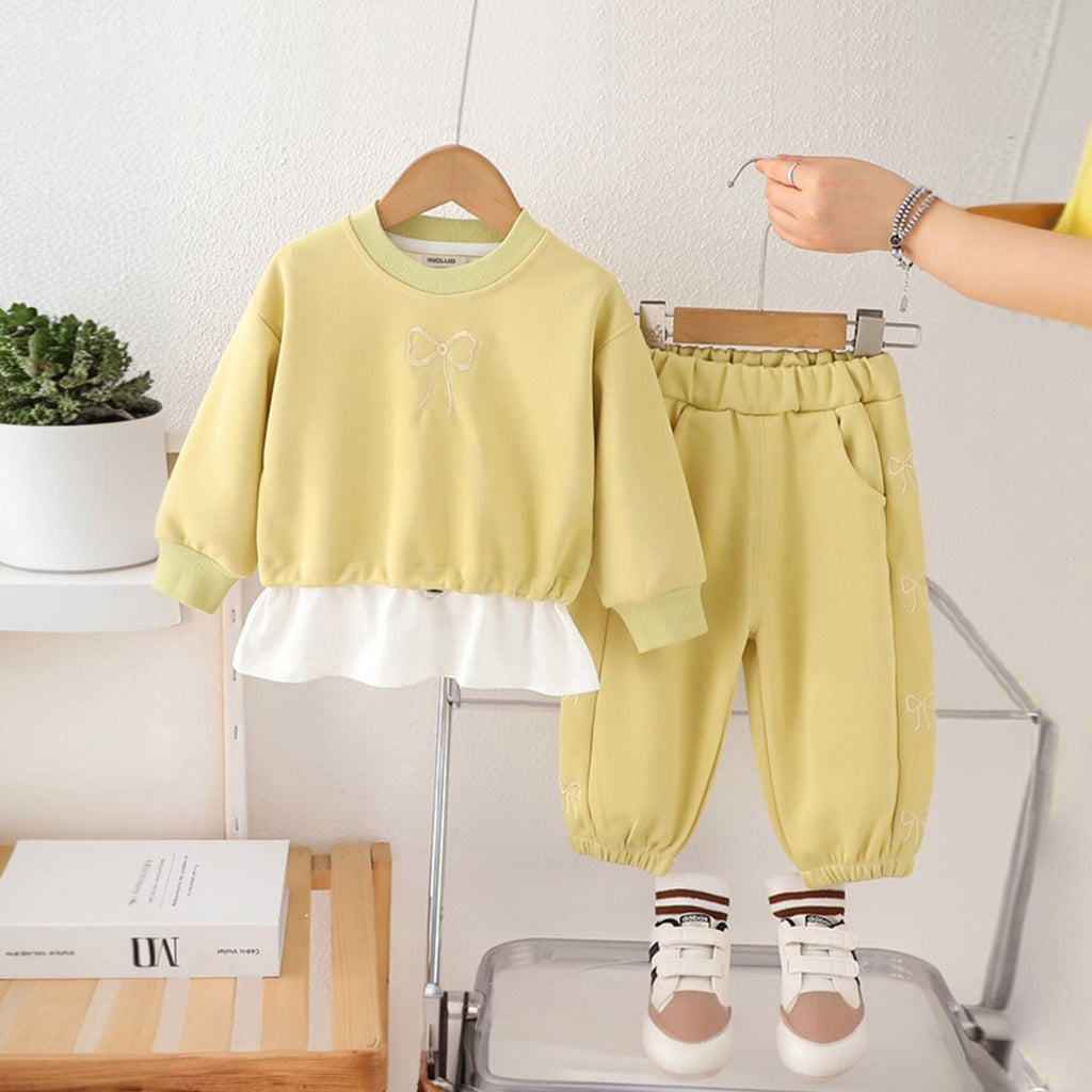 Girls Yellow Bow Embroidered Sweatshirt With Jogger Sets 2 pc. Sets Yellow 1-2 Y