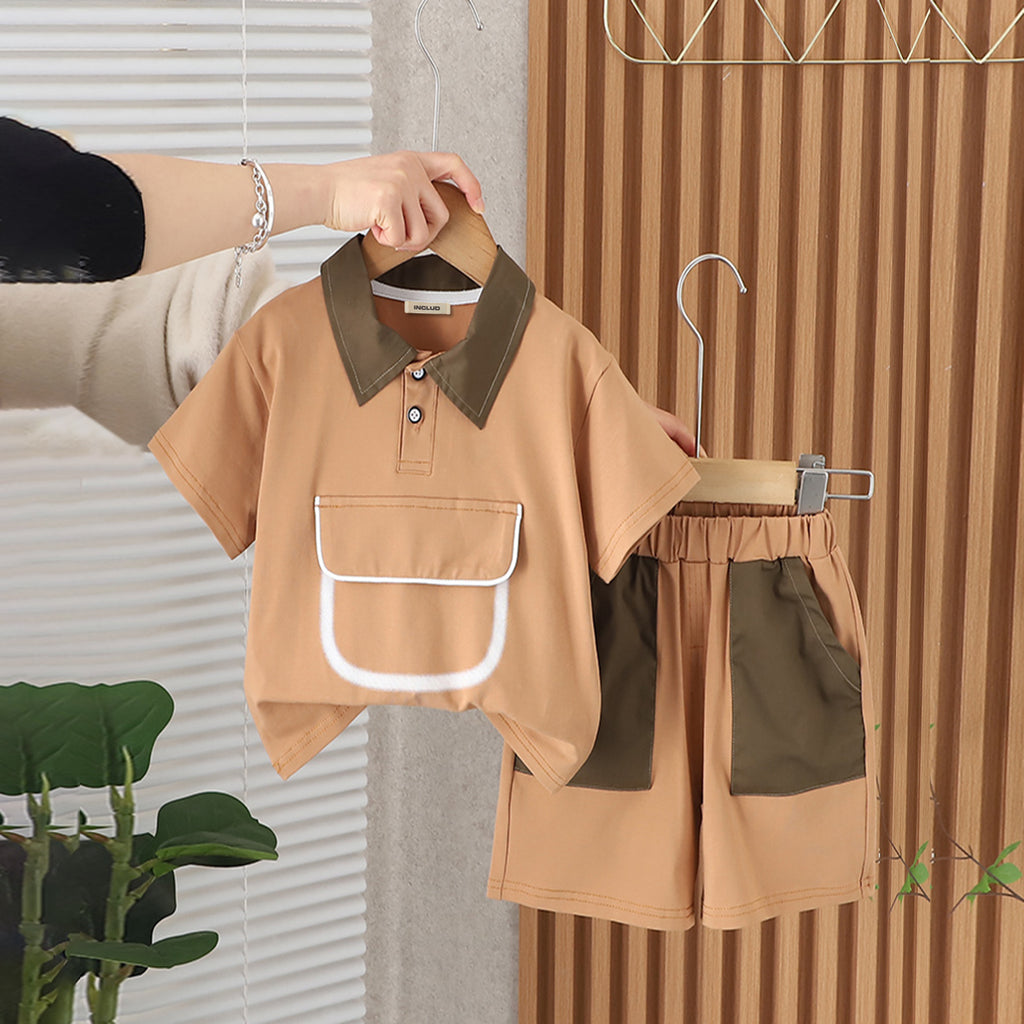 Boys Khaki Short Sleeves Contrast Collared Polo T-Shirt With Shorts Set 2 pc. Sets Khaki 1-2 Y