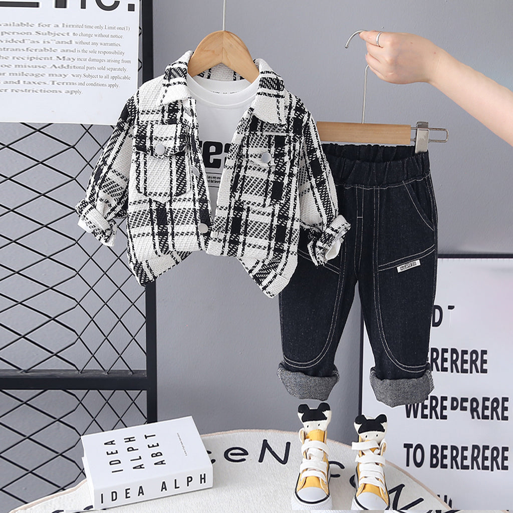 Boys White Checked Shacket With T-Shirt & Denim Pants Set Sets White 1-2 Y