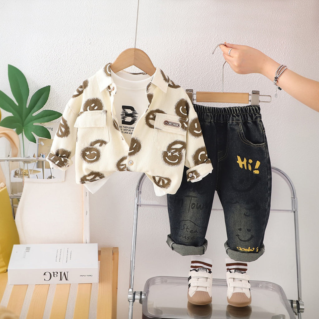 Boys Brown Abstract Printed Shirt With T-Shirt and Denim Pants Set Sets Brown 1-2 Y