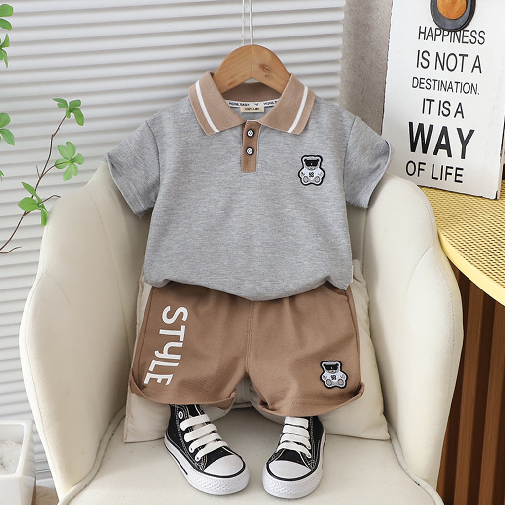 Boys Grey Melange Polo T-shirt with Shorts Set 2 pc. Sets Grey 1-2 Y