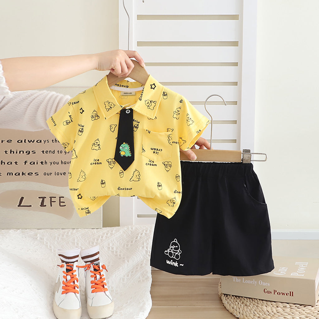 Boys Yellow Animal Printed Short Sleeves Polo T-Shirt With Shorts Set 2 pc. Sets Yellow 1-2 Y