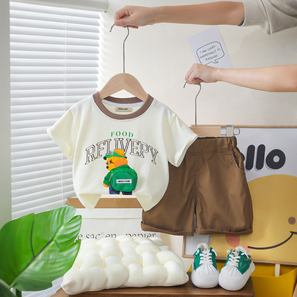 Boys Bag-pack Appliqued T-Shirt With Dark Brown Shorts Set 2 pc. Sets Dark Brown 1-2 Y