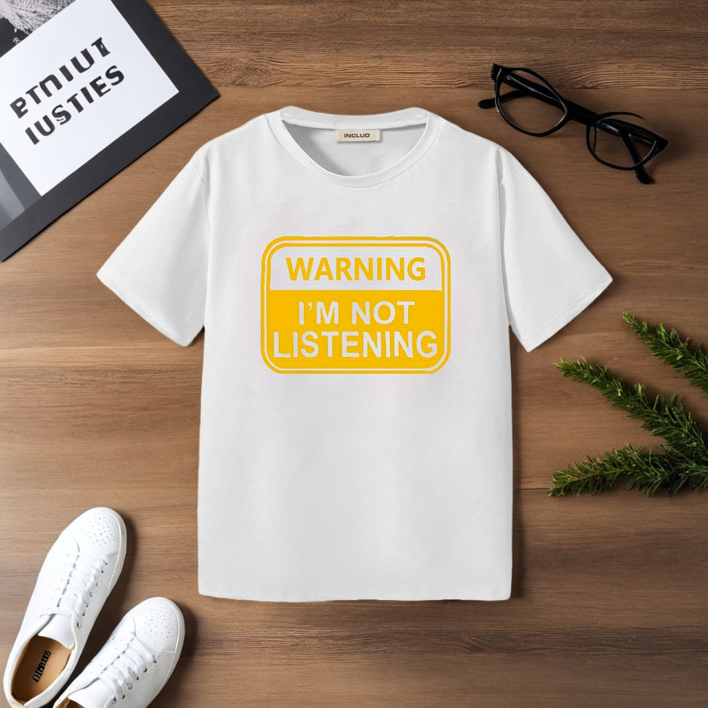 Boys White Warning Printed Short Sleeve T-Shirt Tshirts White 5-6 Y