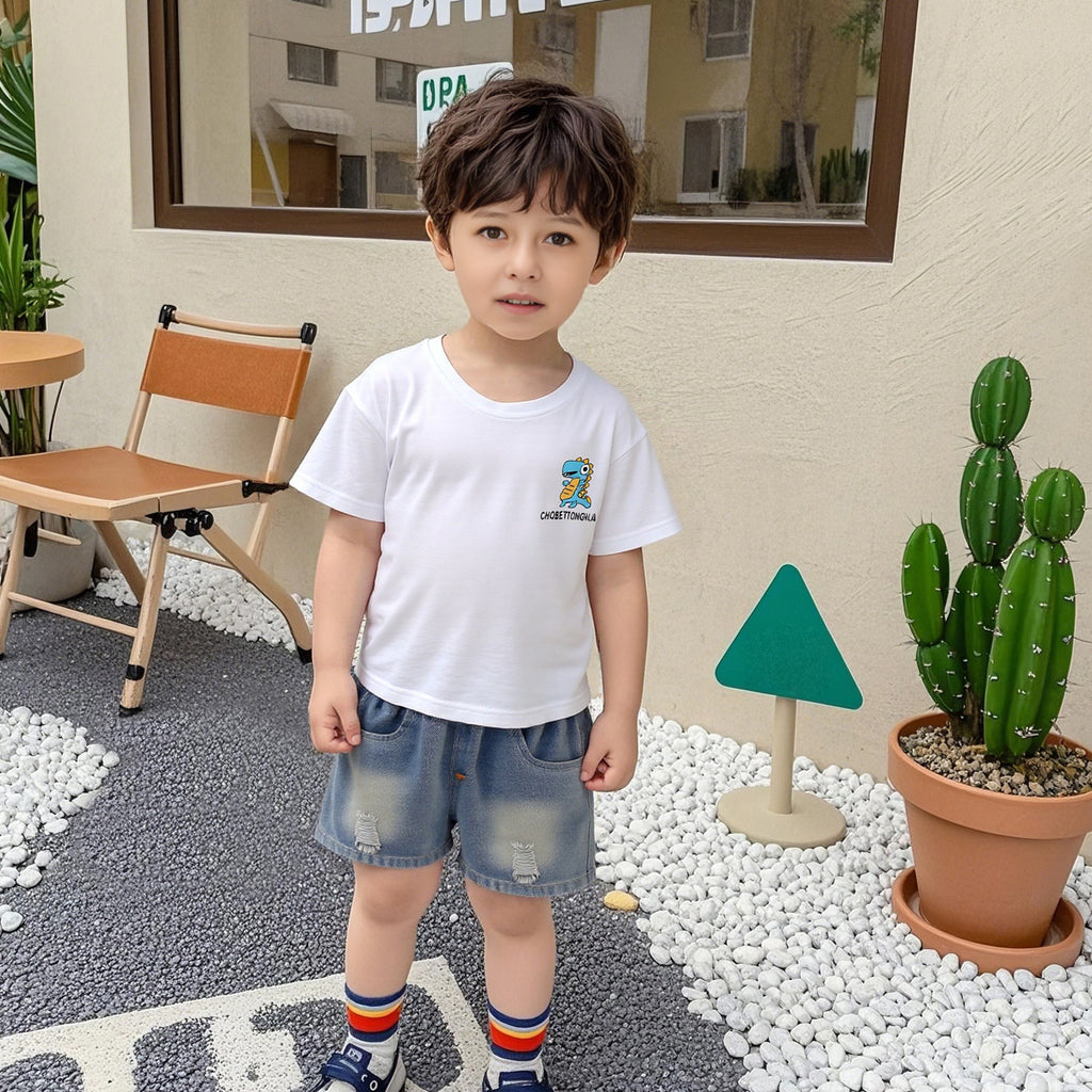 Boys White Graphic Short Sleeves T-Shirt With Denim Shorts Set 2 pc. Sets White 1-2 Y