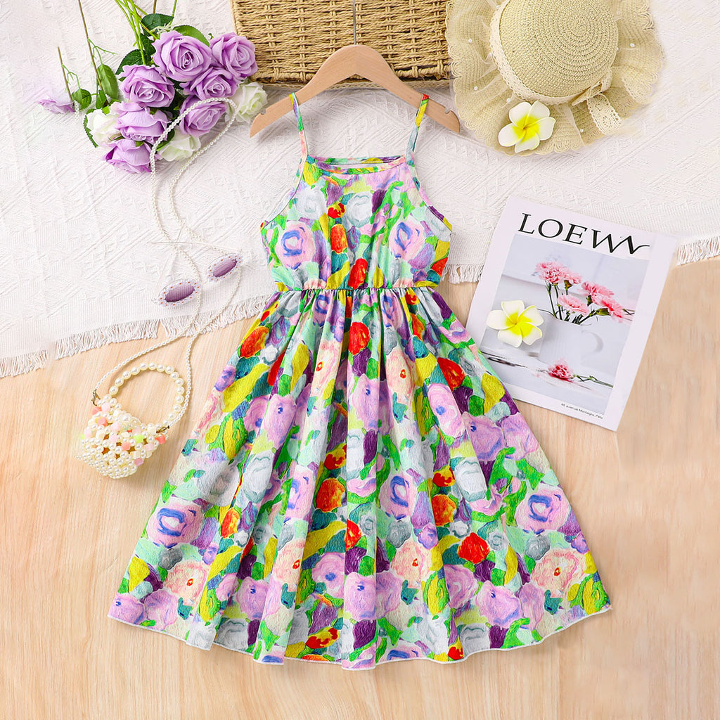Girls Multicolor Floral Printed Summer Midi Sundress Casual Dresses Multicolor 3-4 Y
