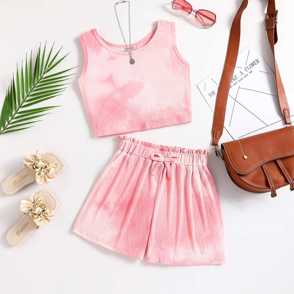 Girls Sleeveless Tie And Dye Top With Shorts Sets 2 pc. Sets Pink 8-9 Y 