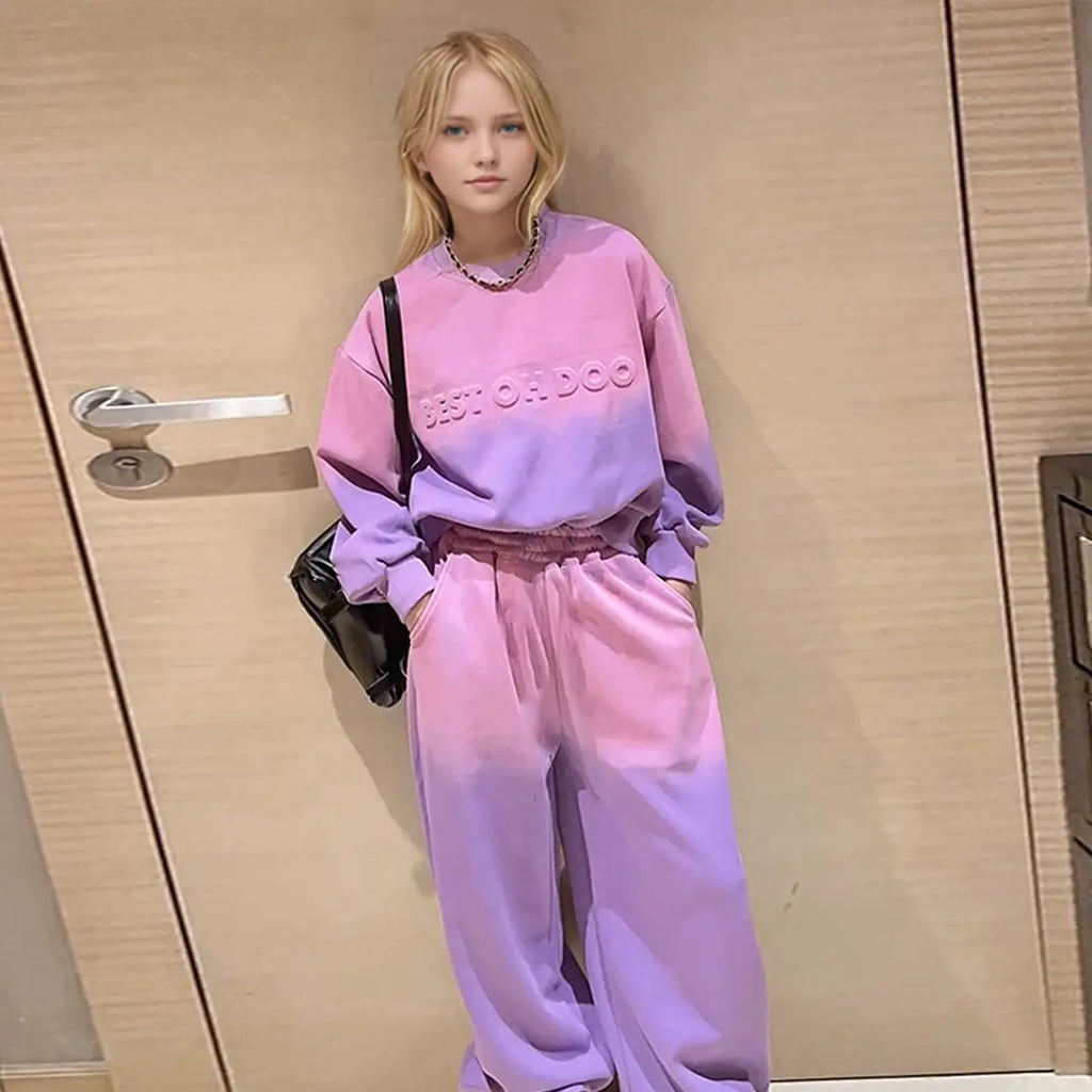 Girls Purple Ombre Printed Sweatshirt With Pants Winter Co-ord sets 2 pc. Sets Purple 5-6 Y