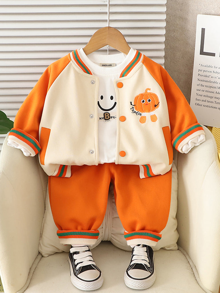 Boys Orange Pumpkin Embroidered Varsity Jacket With T-Shirt & joggers Set Sets Orange 1-2 Y