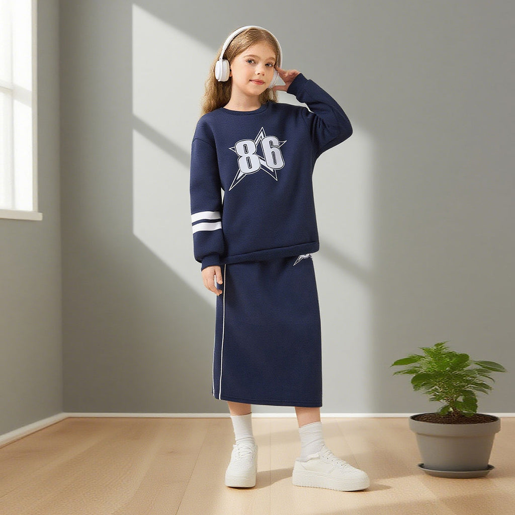 Girls Blue 86 Printed Sweatshirt With Skirt Co-ord Set 2 pc. Sets Blue 7-8 Y