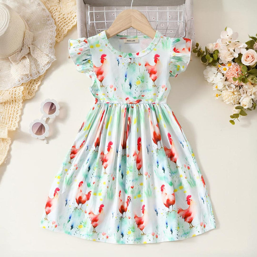 Girls Bird Print Fit & Flare Dress Casual Dresses Green 2-3 Y 