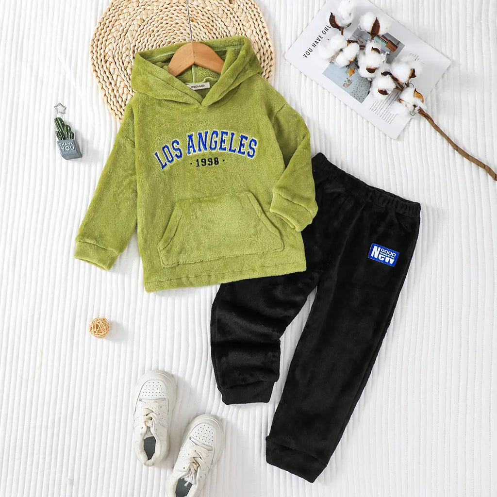 Boys Green Alphanumeric Hooded Sweatshirt With Elasticated Pants Sets 2 pc. Sets Green 3-4 Y