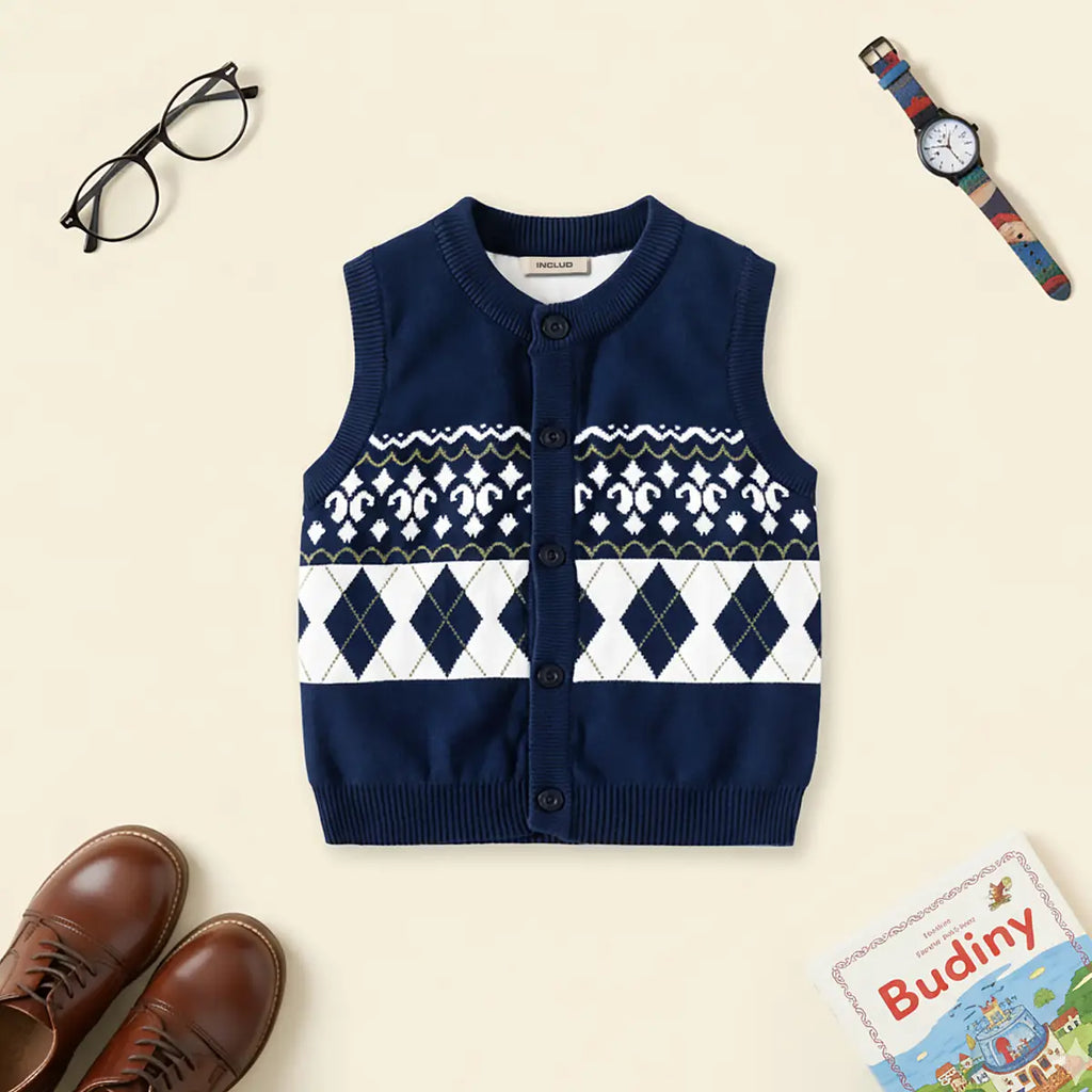 Girls Navy Blue Self-Design Argyle Pattern Button-up Cardigan Sweaters & Cardigans Navy Blue 2-3 Y