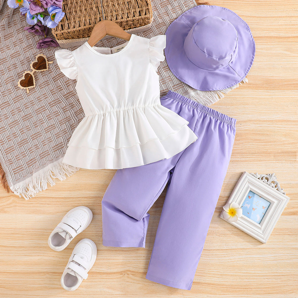 Girls Purple Pants With White Flutter Sleeves Top And Cap Set 2 pc. Sets Purple 3-4 Y